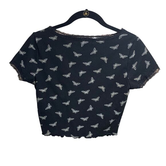 Cut and Pasted Womens Y2K Black Cropped Butterfly Baby Tee XS 90s Festival Boho - Picture 4 of 4